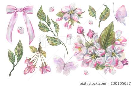 Watercolor clip art set with apple blossoms and leaves, butterflies, pink bow, tender hand-painted illustration, perfect for romantic stationery, decorative cards, and creative spring designs. 130105057