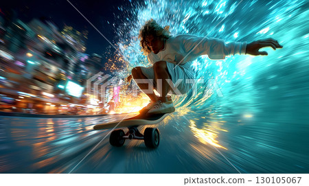 Urban Surge: Skateboarder Riding the Energy Wave 130105067
