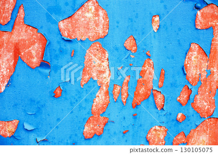 Old blue paint peeling from red concrete wall texture background. 130105075