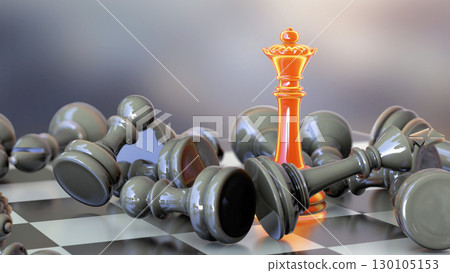 Chess game. Chess queen on chess board with defeated chess figures 130105153