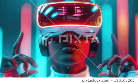 Woman wearing VR headset with glowing lights in the background. Woman wearing VR headset with glowing lights in the background. 130105205