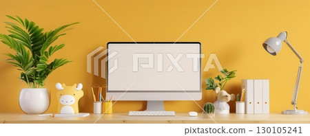 Cute 3D desk setup with animal-shaped stationery holders, cartoon computer, bright and whimsical home office Cute 3D desk setup with animal-shaped stationery holders, cartoon computer, bright and whimsical home office 130105241