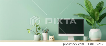 Cute 3D desk setup with animal-shaped stationery holders, cartoon computer, bright and whimsical home office 130105242