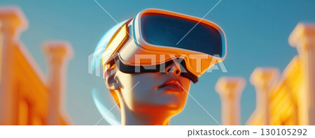 Woman wearing VR headset looking up, futuristic concept. 130105292