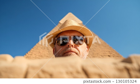 A traveler wearing a hat and sunglasses stands before the iconic pyramids exploring the historic and mysterious ruins in the vast desert landscape under a vibrant blue sky A traveler wearing a hat and sunglasses stands before the iconic pyramids exploring the historic and mysterious ruins in the vast desert landscape under a vibrant blue sky 130105324