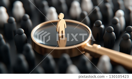 A golden transparent magnifying glass shines a spotlight on a single distinct figure amid a sea of anonymous silhouettes highlighting individuality opport  and the potential for discovery A golden transparent magnifying glass shines a spotlight on a single distinct figure amid a sea of anonymous silhouettes highlighting individuality opport  and the potential for discovery 130105423
