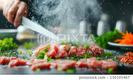 Chef preparing shabu at a high-end restaurant, showcasing meticulous knife skills and fresh ingredients Shabu Preparation, Chef at Work 130105467