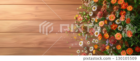 Top-down view of an arrangement of fresh wildflowers with morning dew, on a rustic wooden table Wildflowers, Natural Simplicity 130105509