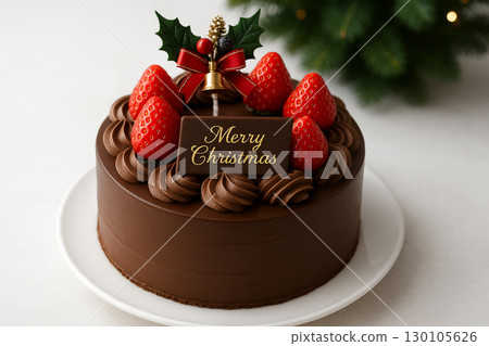 Chocolate Christmas cake topped with strawberries and ribbon decorations Chocolate Christmas cake topped with strawberries and ribbon decorations 130105626
