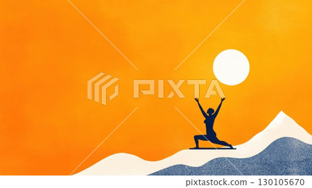 Silhouetted female figure in yoga pose on mountain top against vibrant orange sunset sky  Concept of mindfulness balance and personal growth in nature 130105670