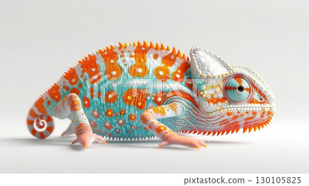 3D illustration of a orange-blue baby chameleon with bright colors, clean white background, cute and colorful, side view 3D illustration of a orange-blue baby chameleon with bright colors, clean white background, cute and colorful, side view 130105825