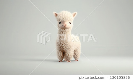 3D illustration of a baby alpaca with a fluffy coat, clean white background, cute and soft 130105836