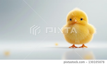 3D illustration of a fluffy chick just hatched, clean white background, cute and yellow 130105878