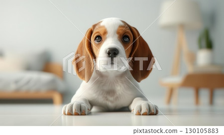 3D rendering of a baby beagle puppy with floppy ears in the bedroom 130105883