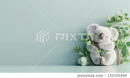 3D rendering of sleepy a baby koala hugging a eucalyptus branch, clean white background, cute and fuzzy 130105894