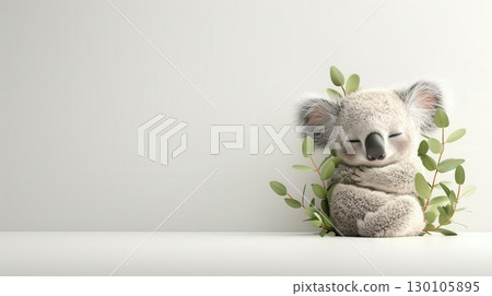 3D rendering of a baby koala hugging a eucalyptus branch, clean white background, cute and fuzzy 130105895
