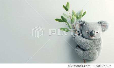 3D rendering of a baby koala hugging a eucalyptus branch, clean white background, cute and fuzzy 130105896