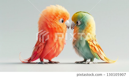 3D rendering of two baby parrot with colorful feathers, clean white background, cute and vibrant 130105907
