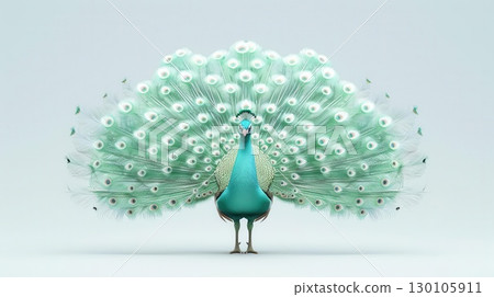 3D rendering of a peacock with small feathers, clean white background, cute and colorful 130105911
