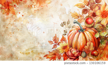 Autumn frame of watercolor pumpkins on beige background. Decor for Halloween, Thanksgiving. 130106159