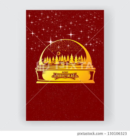 Christmas vector poster with a vintage golden snow globe, beautiful winter landscape inside, pine trees, moon, snowflakes, stars on a red grunge background, merry christmas holiday greetings 130106323