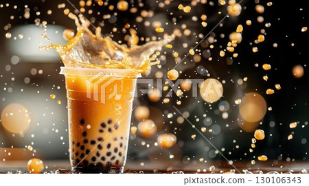 Close-up of a refreshing bubble tea with tapioca pearls splashing in a plastic cup. Close-up of a refreshing bubble tea with tapioca pearls splashing in a plastic cup. 130106343