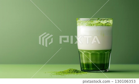 Iced Matcha Latte with milk foam in a glass on a green background. Iced Matcha Latte with milk foam in a glass on a green background. 130106353