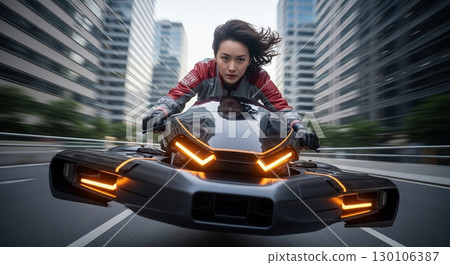 一名女子騎著懸浮摩托車在城市中飛馳 130106387