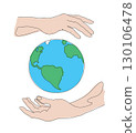 Continuous one line outline drawing of globe in hand as symbol of environmental care. Color vector illustration 130106478