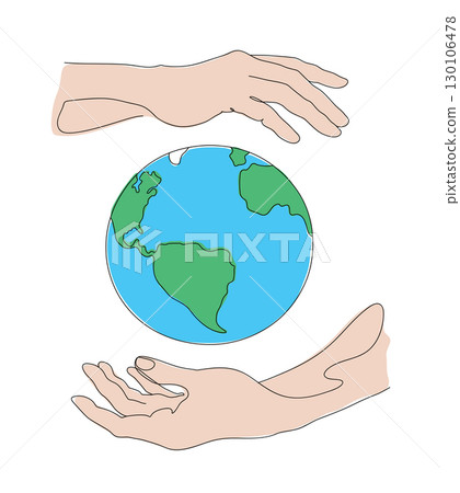Continuous one line outline drawing of globe in hand as symbol of environmental care. Color vector illustration 130106478