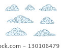 Cloud outline drawing, set of curly fantasy clouds drawn with one continuous line. Vector illustration. 130106479