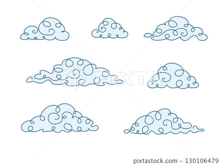 Cloud outline drawing, set of curly fantasy clouds drawn with one continuous line. Vector illustration. 130106479
