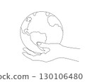 Continuous one line outline drawing of globe in hand as symbol of environmental care. Vector illustration. 130106480