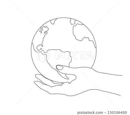 Continuous one line outline drawing of globe in hand as symbol of environmental care. Vector illustration. 130106480