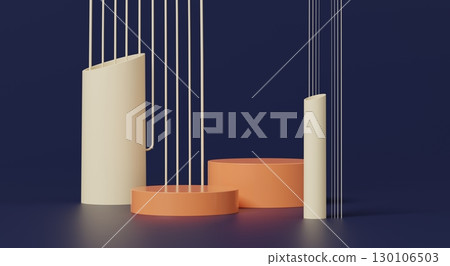 3d render, abstract podium with cream cylinder and orange stage on dark blue 3d render, abstract podium with cream cylinder and orange stage on dark blue 130106503
