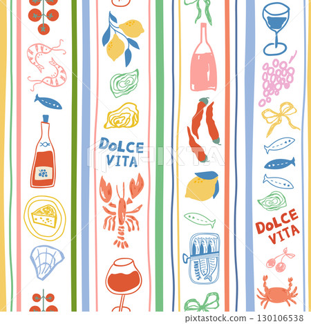 Mediterranean dinner seamless pattern. Vector striped background with la dolce vita food elements, Italian summer print Mediterranean dinner seamless pattern. Vector striped background with la dolce vita food elements, Italian summer print 130106538