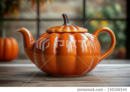 Ceramic teapot in shape of a orange pumpkin in a classic style on a white background. Ceramic teapot in shape of a orange pumpkin in a classic style on a white background. 130106544