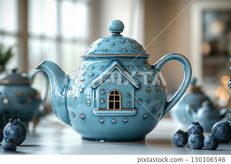 Ceramic teapot in shape of a house in a classic style on a white background. 130106546
