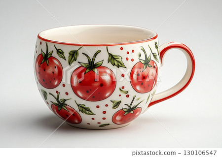 Ceramic cup with a tomato pattern in a classic style on a white background. Ceramic cup with a tomato pattern in a classic style on a white background. 130106547
