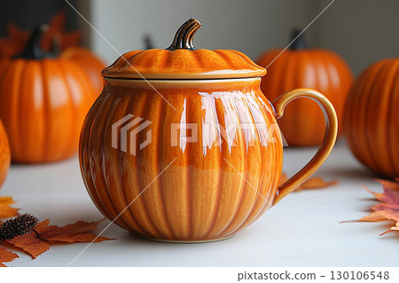 Ceramic cup with lid in shape of a orange pumpkin in a rustic style on a white background. 130106548