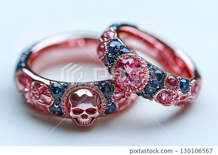 Pair of gold wedding rings with a bold pattern on a white background. Original design. Pair of gold wedding rings with a bold pattern on a white background. Original design. 130106567