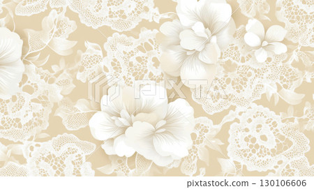 Floral pattern with white flowers and lace on peach background 130106606