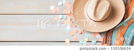 Traditional Mexican elements flat lay with straw hat and colorful textiles 130106634