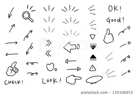 手繪圖示集，包括注意、通知、強調、箭頭。集中的線條，裝飾品，裝飾品。 130106853