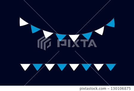 Blue and white triangular pennant bunting banners on dark background in straight and curved arrangements for festive party or Oktoberfest decoration 130106875