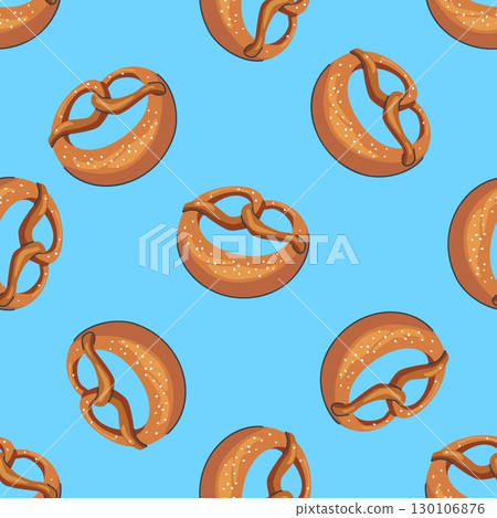 Seamless pattern of salted soft pretzels on bright blue background in cartoon style perfect for Oktoberfest packaging party decor or festive textile design 130106876