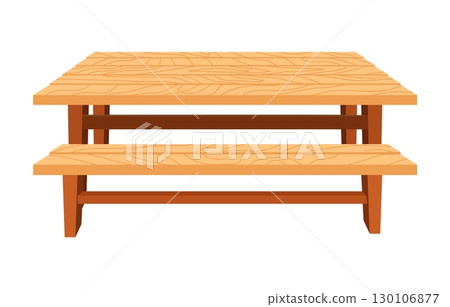 Wooden picnic table with attached benches front view in natural brown color with simple construction and visible grain texture for outdoor use 130106877