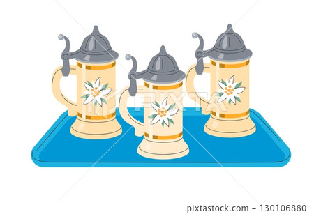 Traditional beer steins with floral design and pewter lids on blue tray in flat cartoon style ideal for Oktoberfest pub decor or festive advertising 130106880