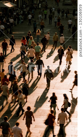 Crowd Movement, Human Flow, Urban Dynamics. Perfect for urban studies, public spaces, event planning, vertical shot 130106959