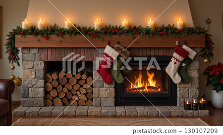 Christmas fireplace with burning fire, stockings, candles, pine garland and festive decorations in cozy holiday interior 130107209